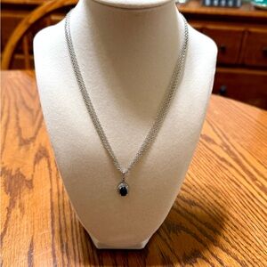 Silver Triple Chain Necklace With Faux Sapphire & Clear Crystal Pendant